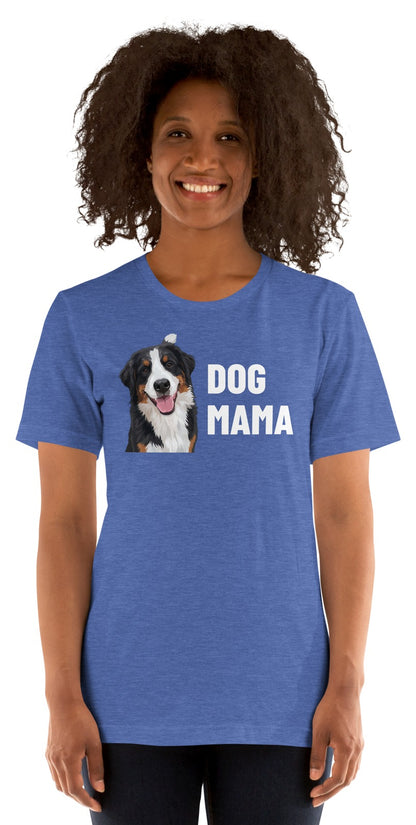 Dog Mama Custom Pet T-Shirt (Heather True Royal), Bear the Bernese Mountain Dog: worn by a model. [ks Colour=Heather True Royal; kind=product]