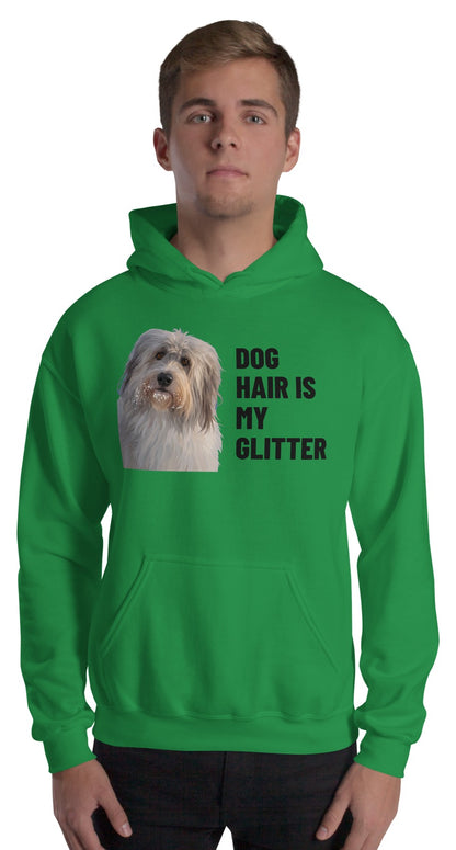 Dog Hair Is My Glitter Custom Pet Hoodie (Irish Green), Gandalf the Sheepdog: worn by a model. [ks Colour=Irish Green; kind=product]