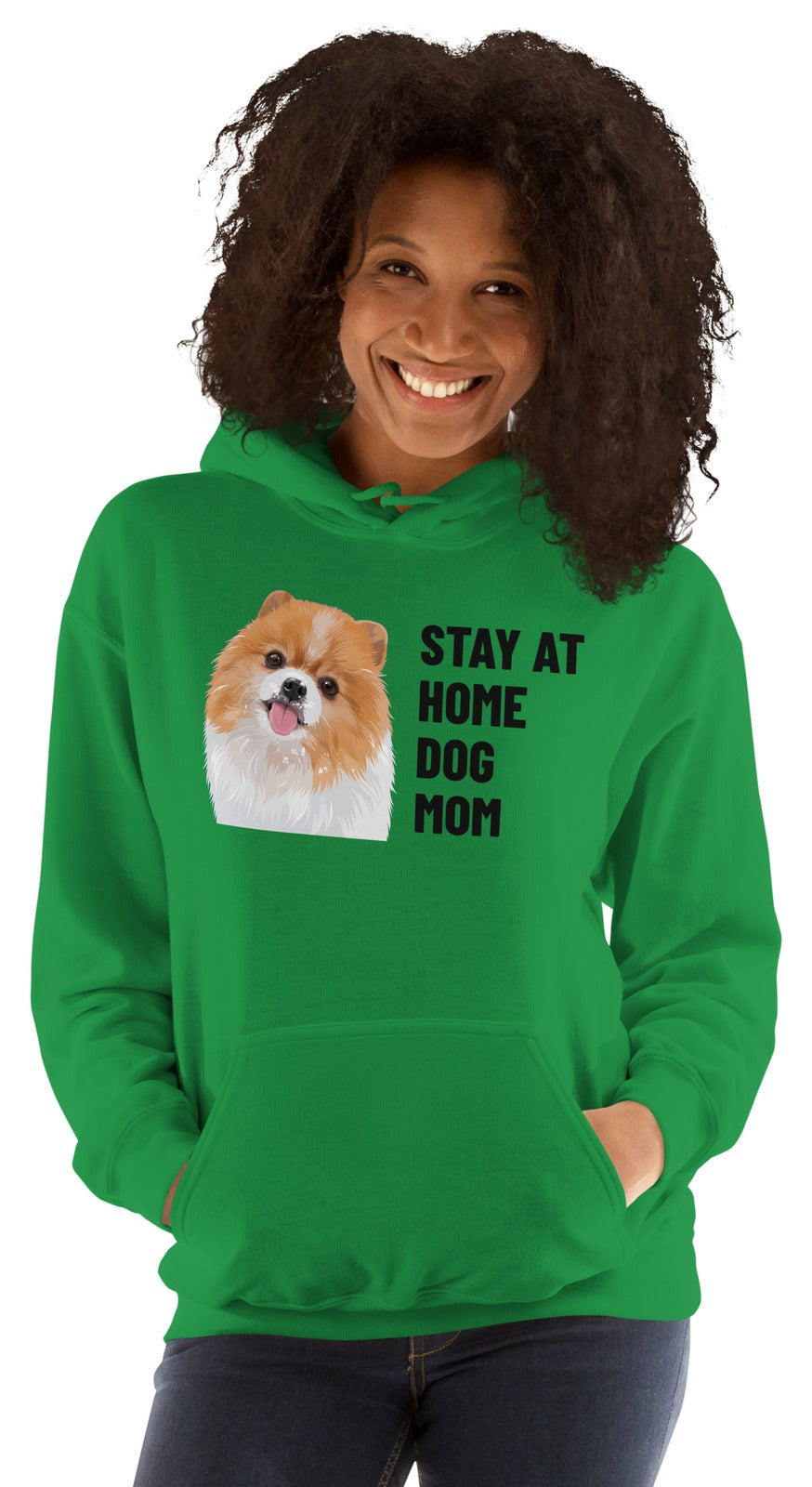 Stay At Home Dog Mom Custom Pet Hoodie (Irish Green), Nugget the Pomeranian: worn by a model. [ks Colour=Irish Green; kind=product]