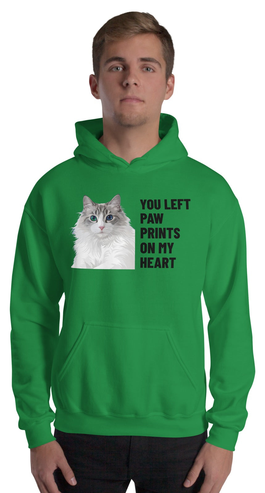 You Left Paw Prints On My Heart Custom Pet Hoodie (Irish Green), Cloud the Ragdoll cat: worn by a model. [ks Colour=Irish Green; kind=product]