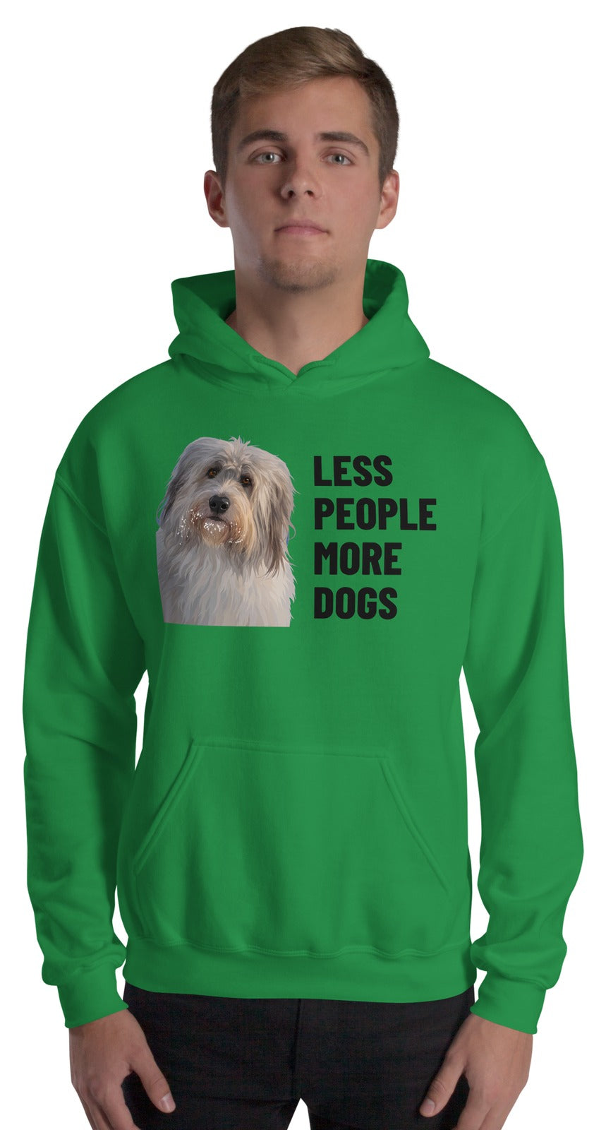 Less People More Dogs Custom Pet Hoodie (Irish Green), Gandalf the Sheepdog: worn by a model. [ks Colour=Irish Green; kind=product]