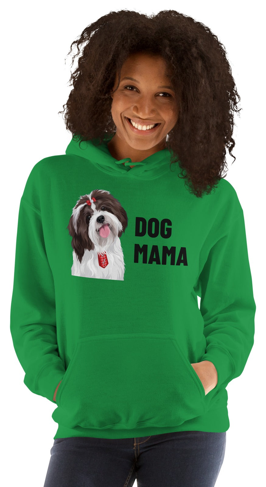 Dog Mama Custom Pet Hoodie (Irish Green), Pippin the Shih Tzu: worn by a model. [ks Colour=Irish Green; kind=product]
