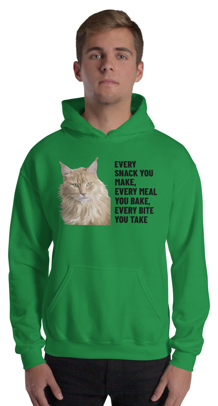 Every Snack You Make, Every Meal You Bake, Every Bite You Take Custom Pet Hoodie (Irish Green), Caramel the Maine Coon cat: worn by a model. [ks Colour=Irish Green; kind=product]