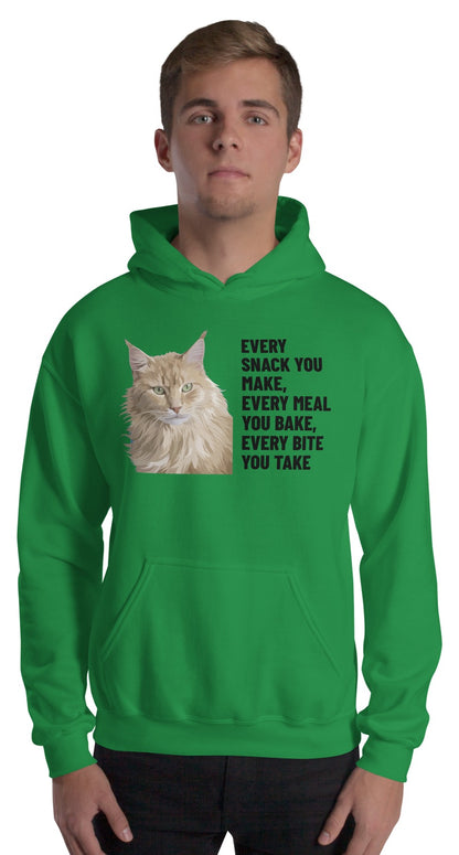 Every Snack You Make, Every Meal You Bake, Every Bite You Take Custom Pet Hoodie (Irish Green), Caramel the Maine Coon cat: worn by a model. [ks Colour=Irish Green; kind=product]
