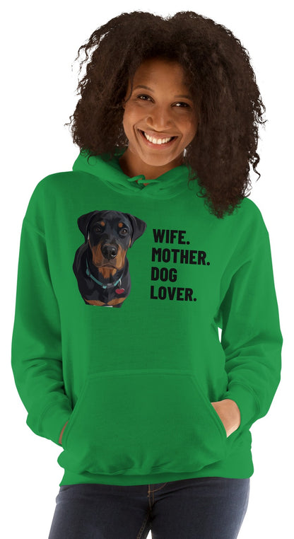 Wife. Mother. Dog Lover. Custom Pet Hoodie (Irish Green), Thor the Rottweiler: worn by a model. [ks Colour=Irish Green; kind=product]