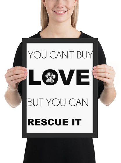 You Can't Buy Love Quote Sign (White / Black Frame): held up to show its size. [ks Background=White; Style=Black Frame; kind=product]