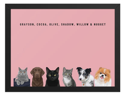 Custom Six Pet Portrait Framed Print (Black): Grayson the British Shorthair cat & Cocoa the chocolate Labrador & Olive the black cat & Shadow the grey tabby cat & Willow the Border Collie & Nugget the Pomeranian on a Rose background. [ks Frame=Black; Background=Rose]