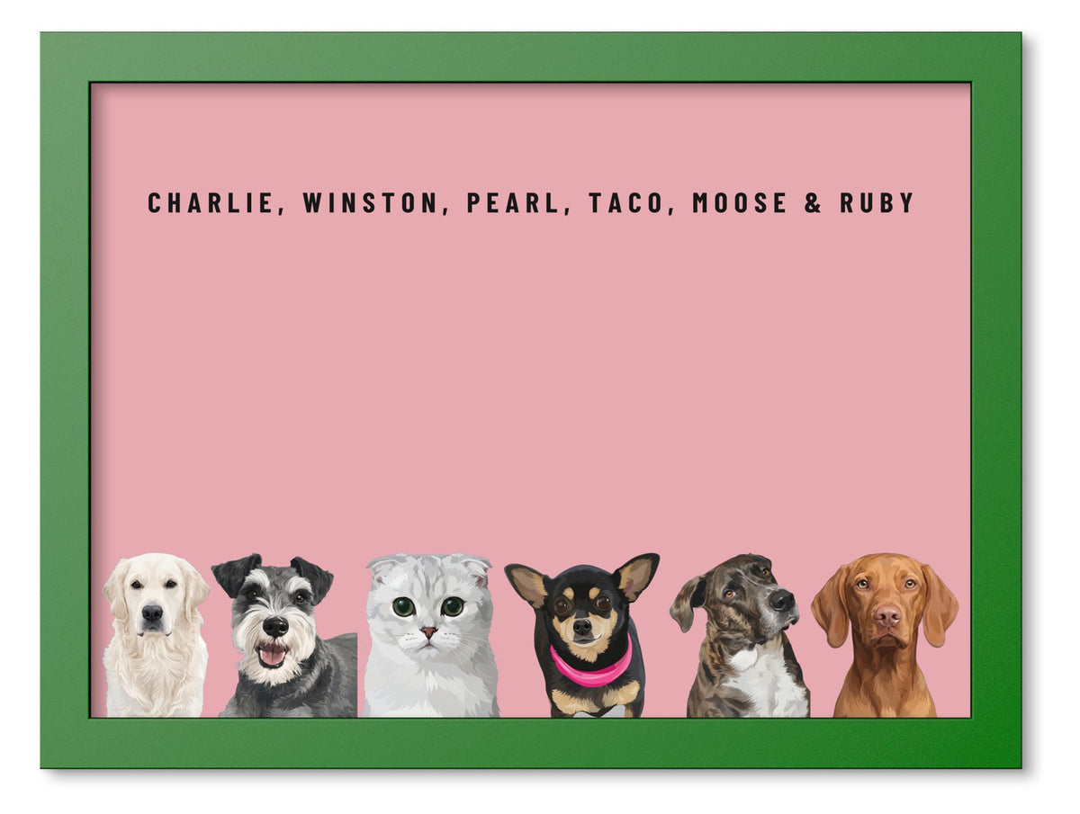 Custom Six Pet Portrait Coloured Frame Print (Forest Green): Charlie the Golden Retriever & Winston the Miniature Schnauzer & Pearl the Scottish Fold cat & Taco the Chihuahua & Moose the mixed-breed dog & Ruby the Vizsla on a Rose background. [ks Frame Colour=Forest Green; Background=Rose]