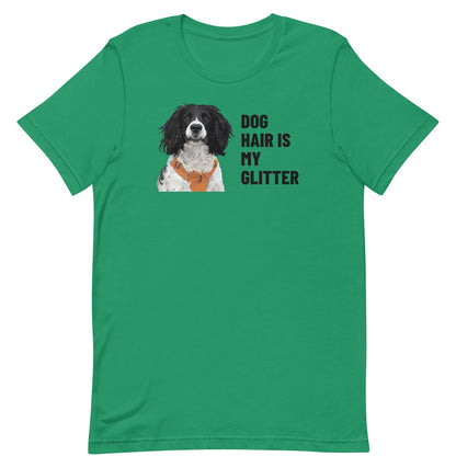 Dog Hair Is My Glitter Custom Pet T-Shirt (Kelly), Roscoe the English Springer Spaniel: front view. [ks Colour=Kelly; kind=product]