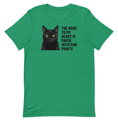 The Road To My Heart Is Paved With Paw Prints Custom Pet T-Shirt (Kelly), Olive the black cat: front view. [ks Colour=Kelly; kind=product]