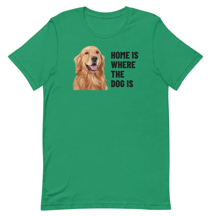 Home Is Where The Dog Is Custom Pet T-Shirt (Kelly), Cooper the Golden Retriever: front view. [ks Colour=Kelly; kind=product]