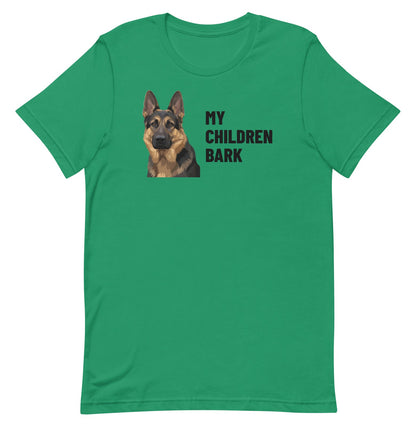 My Children Bark Custom Pet T-Shirt (Kelly), Max the German Shepherd: front view. [ks Colour=Kelly; kind=product]