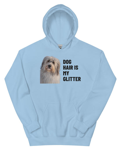Dog Hair Is My Glitter Custom Pet Hoodie (Light Blue), Gandalf the Sheepdog: front view. [ks Colour=Light Blue; kind=product]