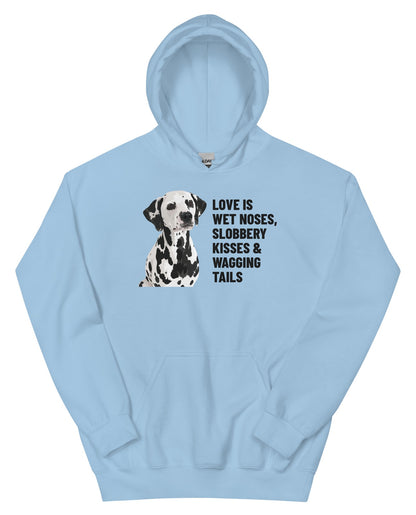 Love Is Wet Noses, Slobbery Kisses & Wagging Tails Custom Pet Hoodie (Light Blue), Dotty the Dalmatian: front view. [ks Colour=Light Blue; kind=product]
