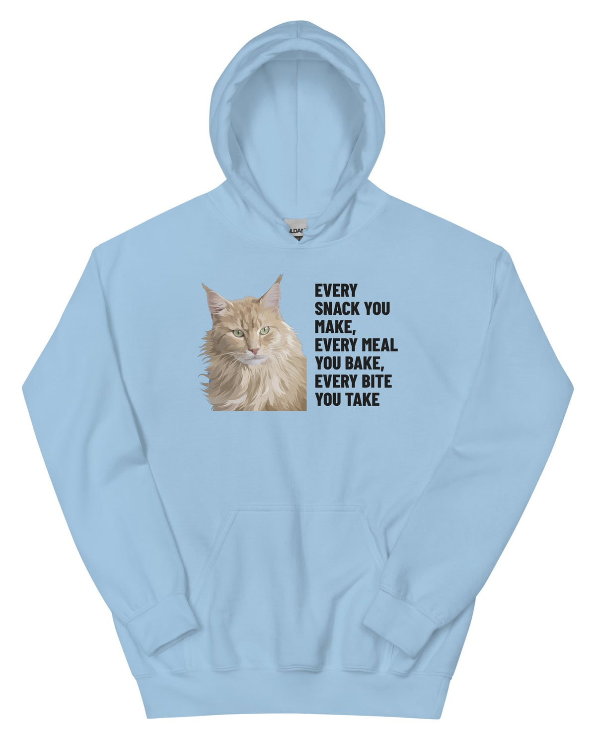 Every Snack You Make, Every Meal You Bake, Every Bite You Take Custom Pet Hoodie (Light Blue), Caramel the Maine Coon cat: front view. [ks Colour=Light Blue; kind=product]
