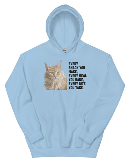 Every Snack You Make, Every Meal You Bake, Every Bite You Take Custom Pet Hoodie (Light Blue), Caramel the Maine Coon cat: front view. [ks Colour=Light Blue; kind=product]