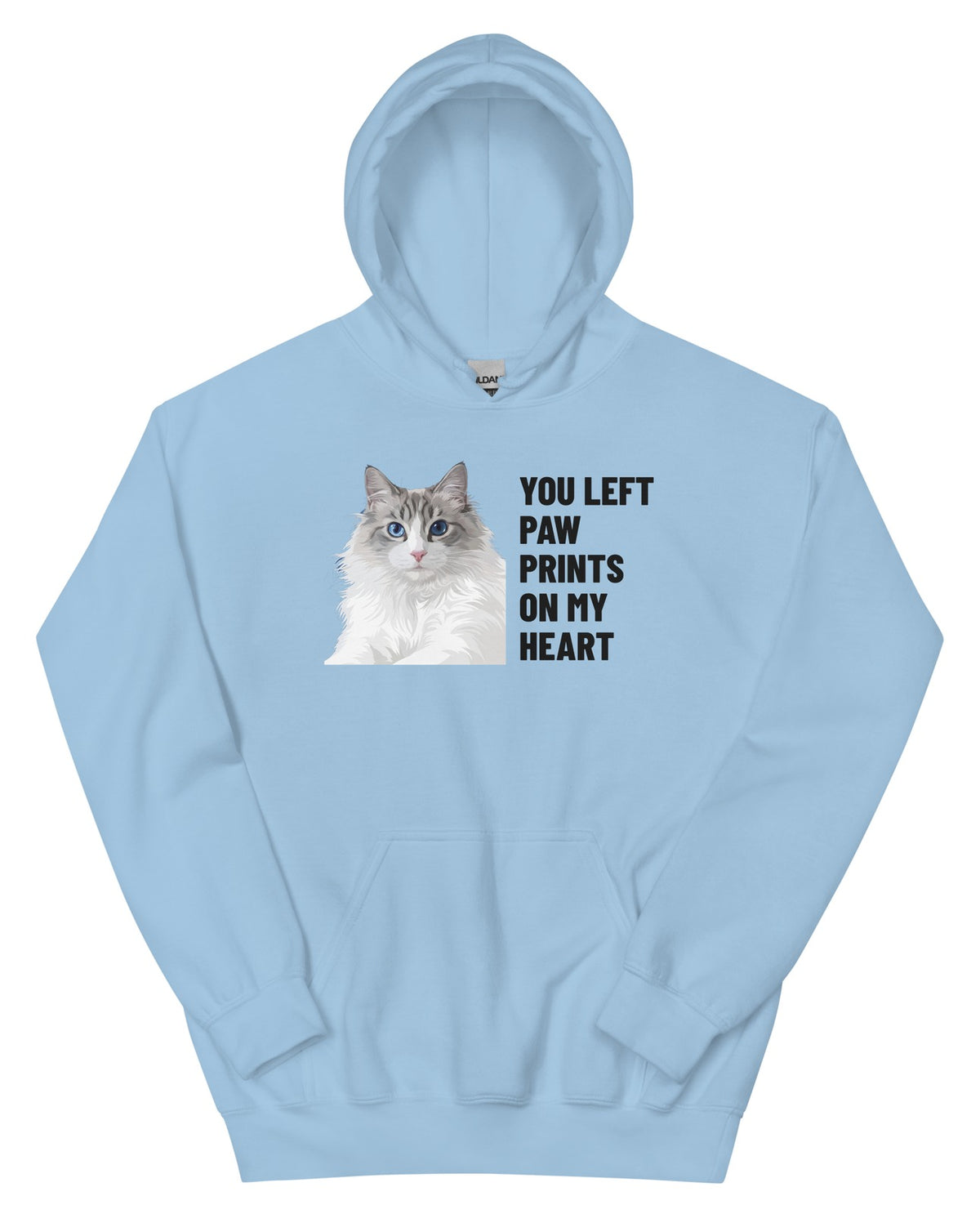 You Left Paw Prints On My Heart Custom Pet Hoodie (Light Blue), Cloud the Ragdoll cat: front view. [ks Colour=Light Blue; kind=product]