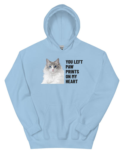 You Left Paw Prints On My Heart Custom Pet Hoodie (Light Blue), Cloud the Ragdoll cat: front view. [ks Colour=Light Blue; kind=product]