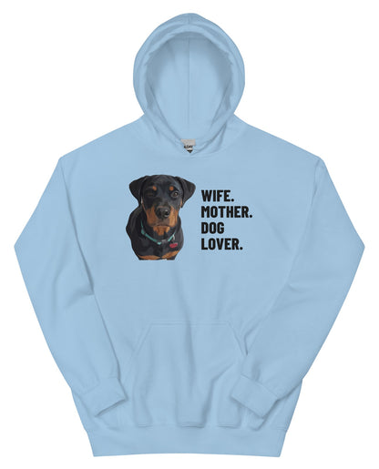 Wife. Mother. Dog Lover. Custom Pet Hoodie (Light Blue), Thor the Rottweiler: front view. [ks Colour=Light Blue; kind=product]