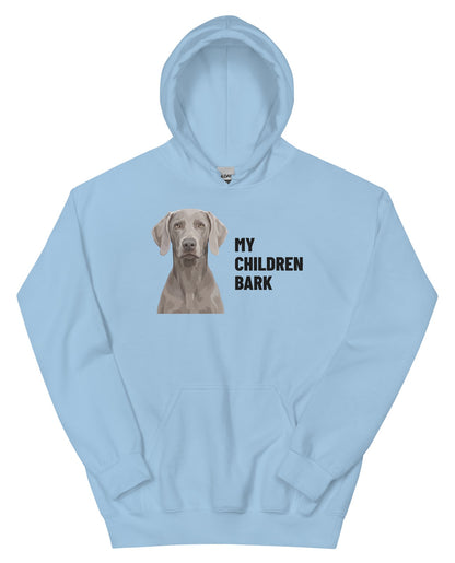 My Children Bark Custom Pet Hoodie (Light Blue), Pewter the Weimaraner: front view. [ks Colour=Light Blue; kind=product]