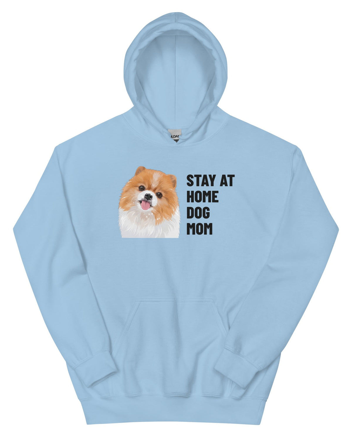Stay At Home Dog Mom Custom Pet Hoodie (Light Blue), Nugget the Pomeranian: front view. [ks Colour=Light Blue; kind=product]