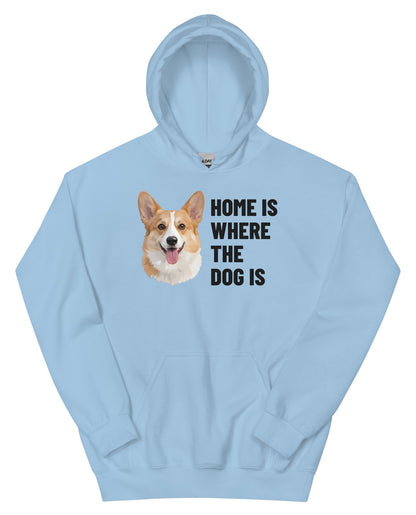 Home Is Where The Dog Is Custom Pet Hoodie (Light Blue), Bailey the Pembroke Welsh Corgi: front view. [ks Colour=Light Blue; kind=product]
