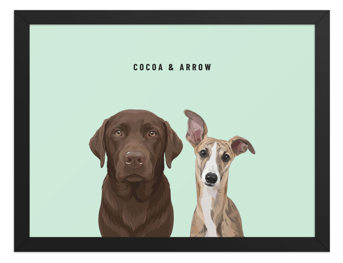Custom Two Pet Portrait Framed Print (Black): Cocoa the chocolate Labrador & Arrow the Whippet on a Mint background. [ks Frame=Black; Background=Mint]