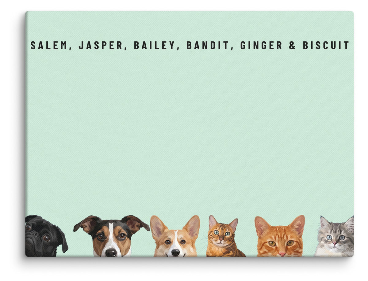 Custom Six Pet Portrait Canvas (Canvas): Salem the Pug & Jasper the Jack Russell Terrier & Bailey the Pembroke Welsh Corgi & Bandit the Bengal cat & Ginger the orange tabby cat & Biscuit the tabby kitten on a Mint background. [ks Style=Canvas; Background=Mint]