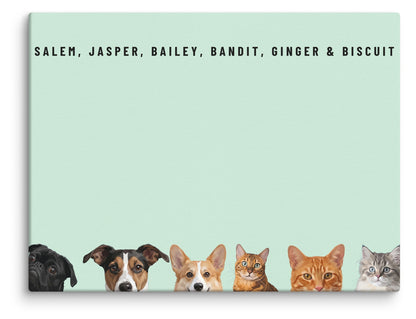 Custom Six Pet Portrait Canvas (Canvas): Salem the Pug & Jasper the Jack Russell Terrier & Bailey the Pembroke Welsh Corgi & Bandit the Bengal cat & Ginger the orange tabby cat & Biscuit the tabby kitten on a Mint background. [ks Style=Canvas; Background=Mint]