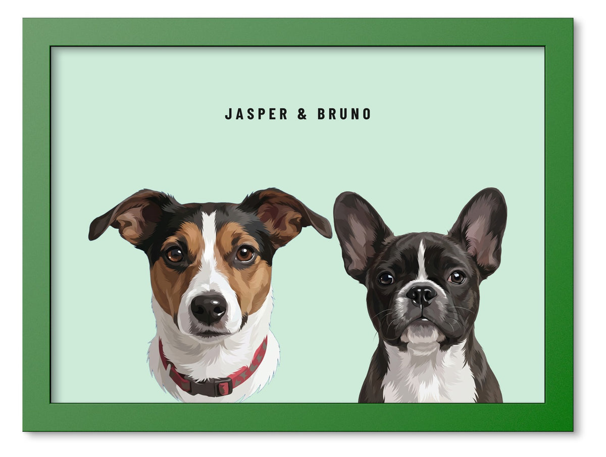 Custom Two Pet Portrait Coloured Frame Print (Forest Green): Jasper the Jack Russell Terrier & Bruno the French Bulldog on a Mint background. [ks Frame Colour=Forest Green; Background=Mint]