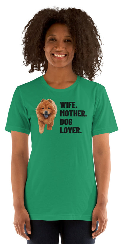 Wife. Mother. Dog Lover. Custom Pet T-Shirt (Kelly), Simba the Chow Chow: worn by a model. [ks Colour=Kelly; kind=product]