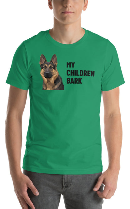 My Children Bark Custom Pet T-Shirt (Kelly), Max the German Shepherd: worn by a model. [ks Colour=Kelly; kind=product]