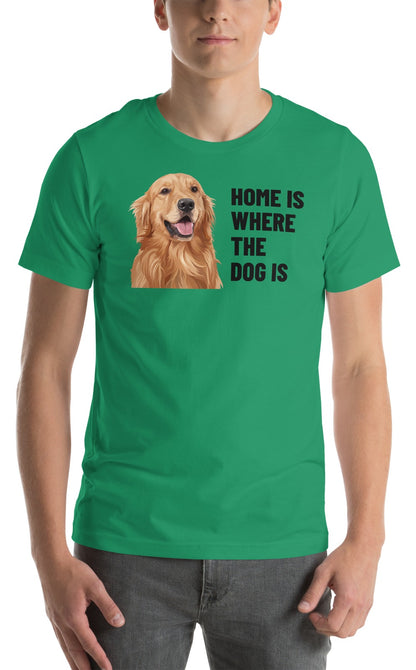 Home Is Where The Dog Is Custom Pet T-Shirt (Kelly), Cooper the Golden Retriever: worn by a model. [ks Colour=Kelly; kind=product]