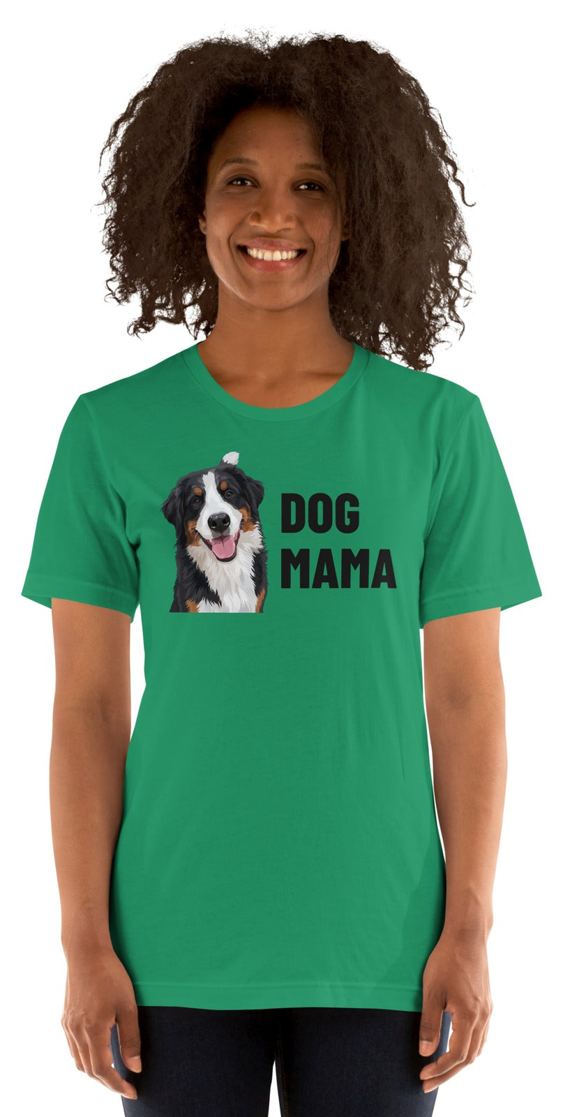Dog Mama Custom Pet T-Shirt (Kelly), Bear the Bernese Mountain Dog: worn by a model. [ks Colour=Kelly; kind=product]