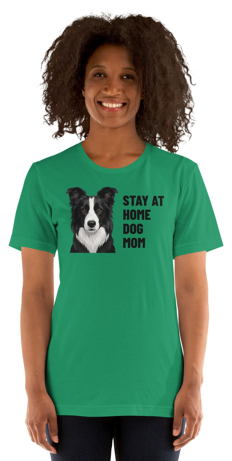 Stay At Home Dog Mom Custom Pet T-Shirt (Kelly), Oreo the Border Collie: worn by a model. [ks Colour=Kelly; kind=product]
