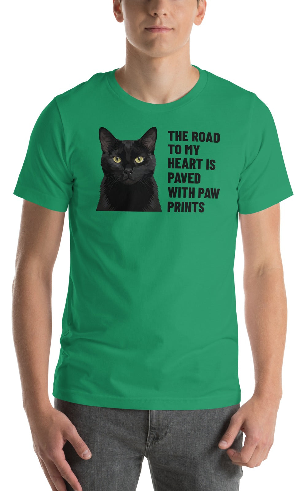 The Road To My Heart Is Paved With Paw Prints Custom Pet T-Shirt (Kelly), Olive the black cat: worn by a model. [ks Colour=Kelly; kind=product]