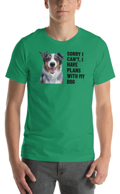 Sorry I Can't, I Have Plans With My Dog Custom Pet T-Shirt (Kelly), Storm the Australian Shepherd: worn by a model. [ks Colour=Kelly; kind=product]
