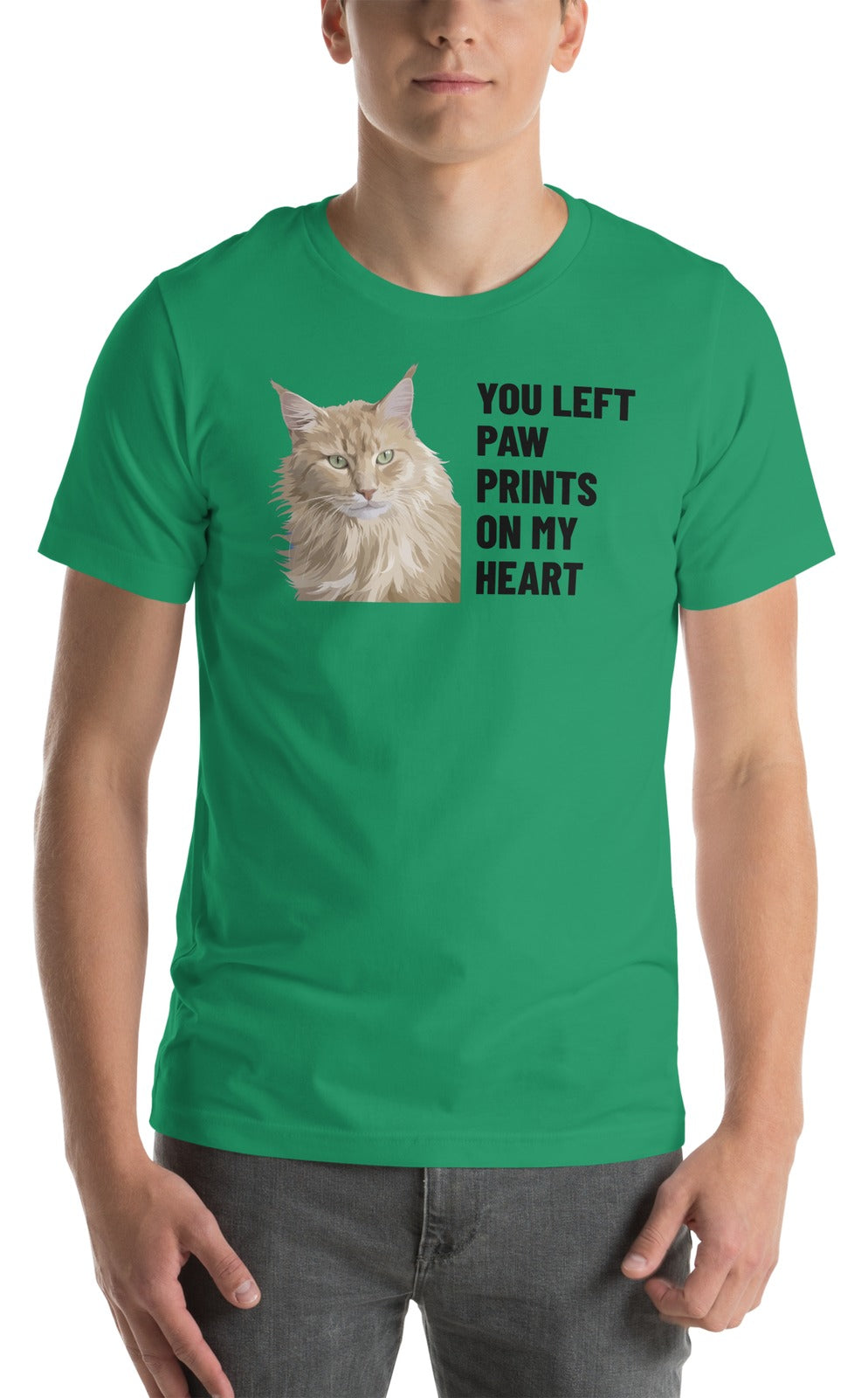 You Left Paw Prints On My Heart Custom Pet T-Shirt (Kelly), Caramel the Maine Coon cat: worn by a model. [ks Colour=Kelly; kind=product]