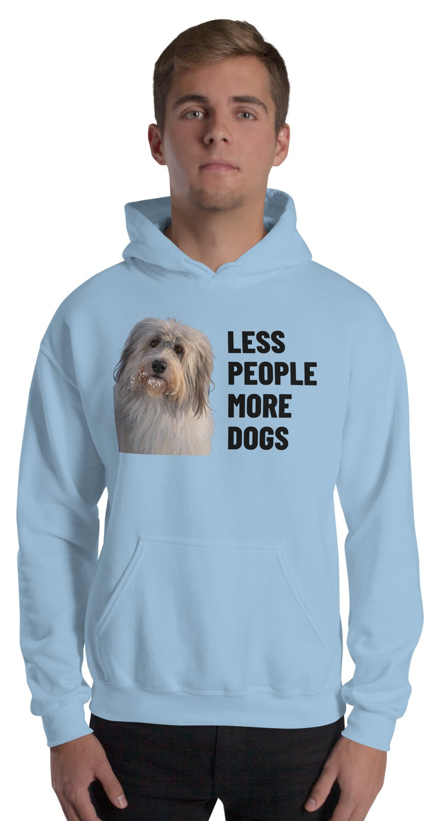 Less People More Dogs Custom Pet Hoodie (Light Blue), Gandalf the Sheepdog: worn by a model. [ks Colour=Light Blue; kind=product]