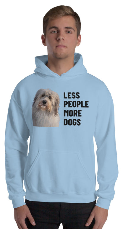 Less People More Dogs Custom Pet Hoodie (Light Blue), Gandalf the Sheepdog: worn by a model. [ks Colour=Light Blue; kind=product]