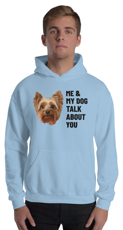 Me & My Dog Talk About You Custom Pet Hoodie (Light Blue), Gizmo the Yorkshire Terrier: worn by a model. [ks Colour=Light Blue; kind=product]