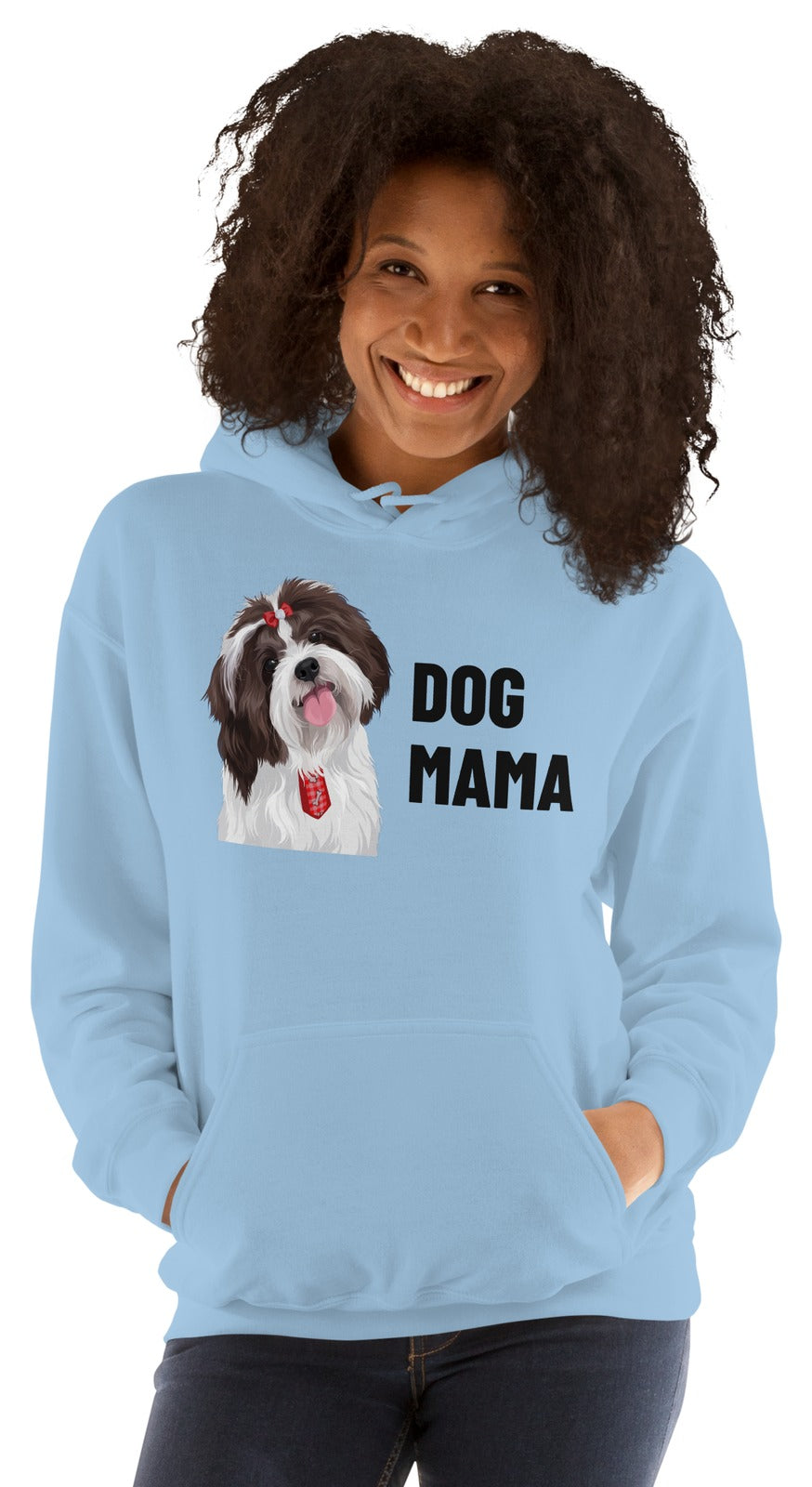 Dog Mama Custom Pet Hoodie (Light Blue), Pippin the Shih Tzu: worn by a model. [ks Colour=Light Blue; kind=product]