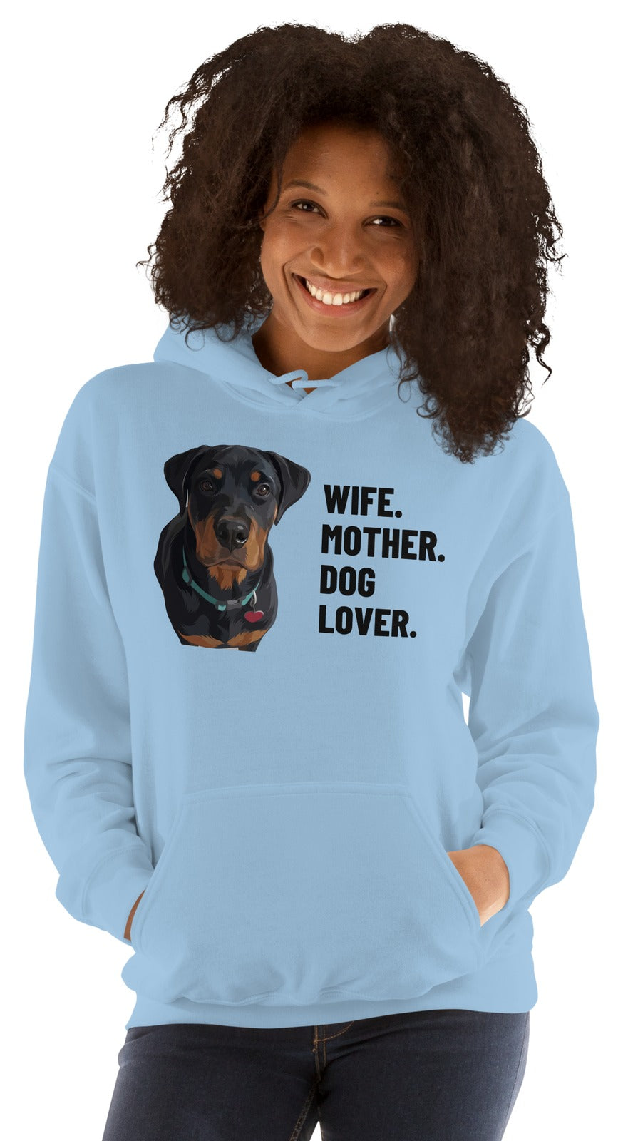 Wife. Mother. Dog Lover. Custom Pet Hoodie (Light Blue), Thor the Rottweiler: worn by a model. [ks Colour=Light Blue; kind=product]