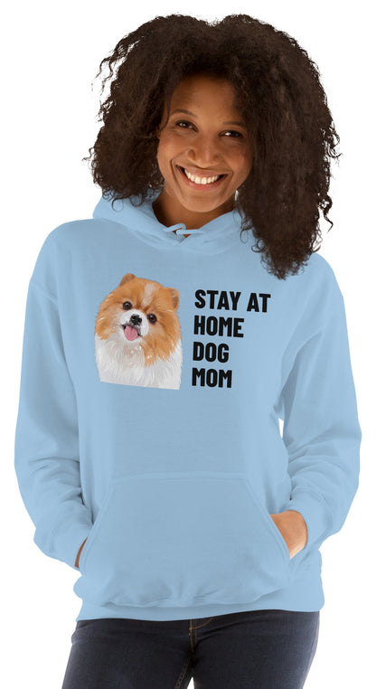 Stay At Home Dog Mom Custom Pet Hoodie (Light Blue), Nugget the Pomeranian: worn by a model. [ks Colour=Light Blue; kind=product]