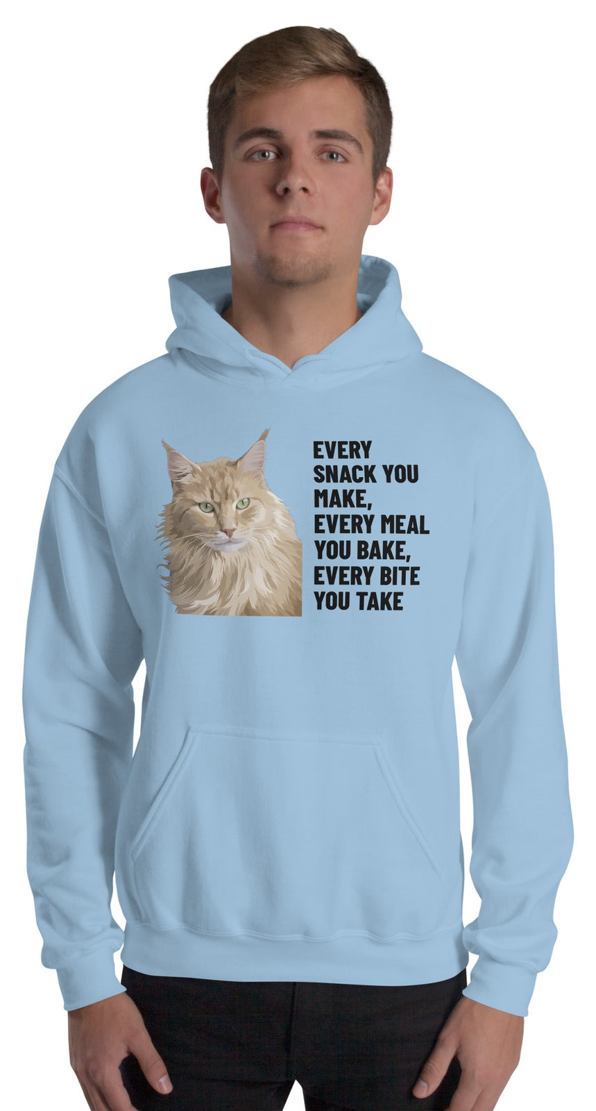 Every Snack You Make, Every Meal You Bake, Every Bite You Take Custom Pet Hoodie (Light Blue), Caramel the Maine Coon cat: worn by a model. [ks Colour=Light Blue; kind=product]
