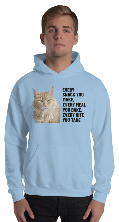 Every Snack You Make, Every Meal You Bake, Every Bite You Take Custom Pet Hoodie (Light Blue), Caramel the Maine Coon cat: worn by a model. [ks Colour=Light Blue; kind=product]