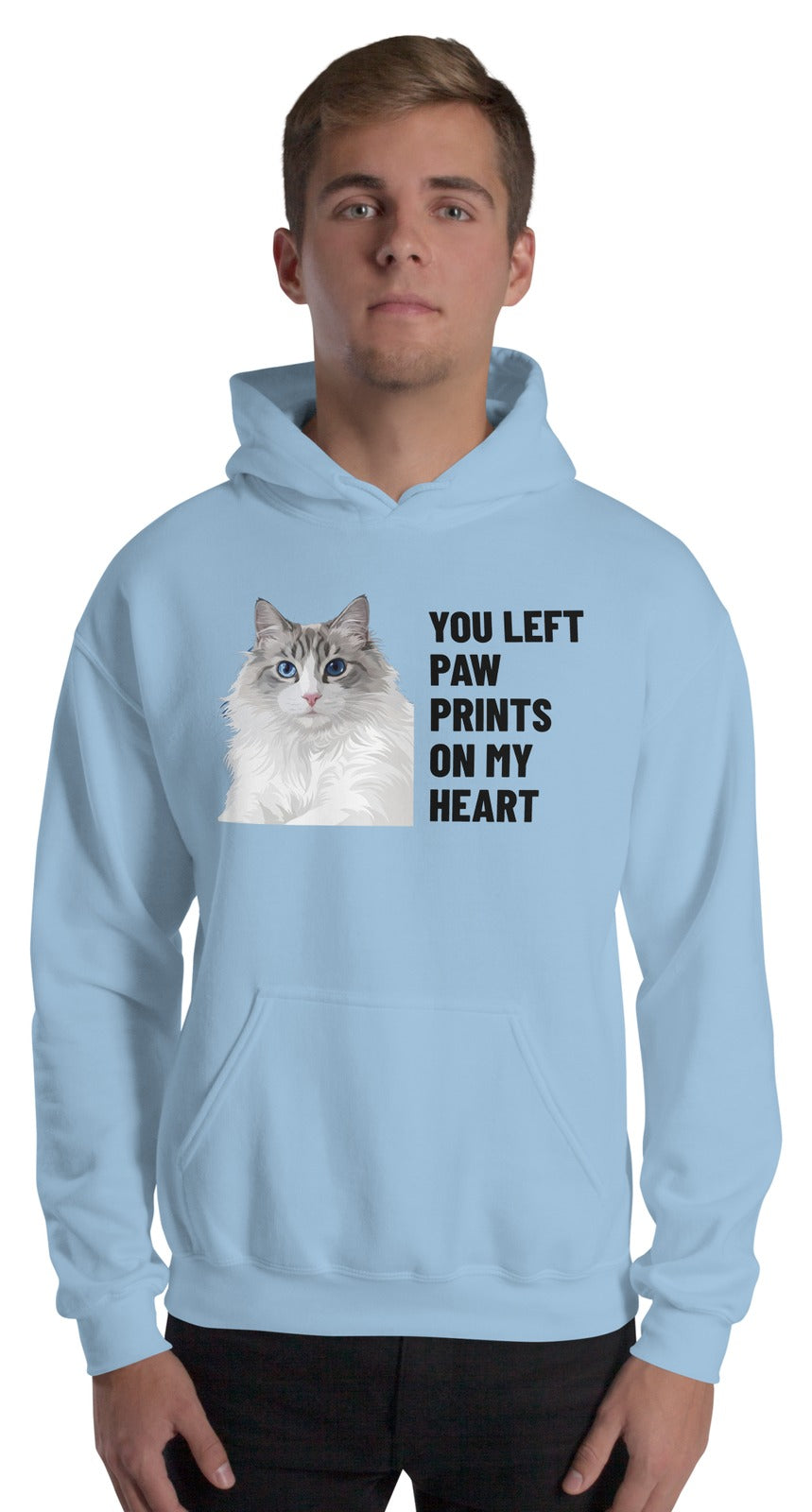 You Left Paw Prints On My Heart Custom Pet Hoodie (Light Blue), Cloud the Ragdoll cat: worn by a model. [ks Colour=Light Blue; kind=product]