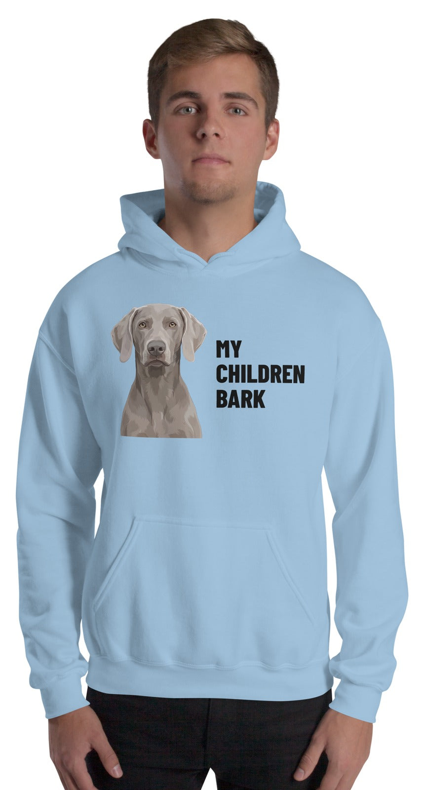 My Children Bark Custom Pet Hoodie (Light Blue), Pewter the Weimaraner: worn by a model. [ks Colour=Light Blue; kind=product]