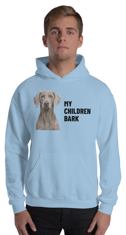 My Children Bark Custom Pet Hoodie (Light Blue), Pewter the Weimaraner: worn by a model. [ks Colour=Light Blue; kind=product]