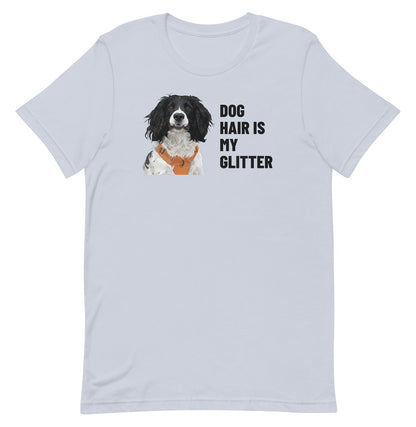 Dog Hair Is My Glitter Custom Pet T-Shirt (Light Blue), Roscoe the English Springer Spaniel: front view. [ks Colour=Light Blue; kind=product]